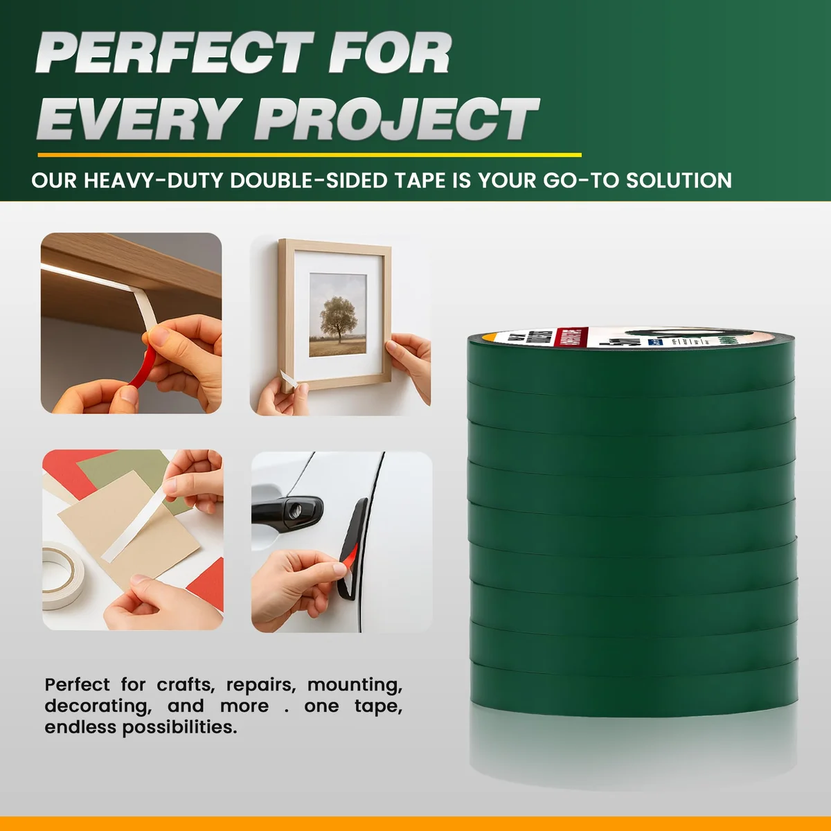 Roll of black foam double sided tape 2.4cm wide with green release liner, showing flexible, weatherproof foam material
