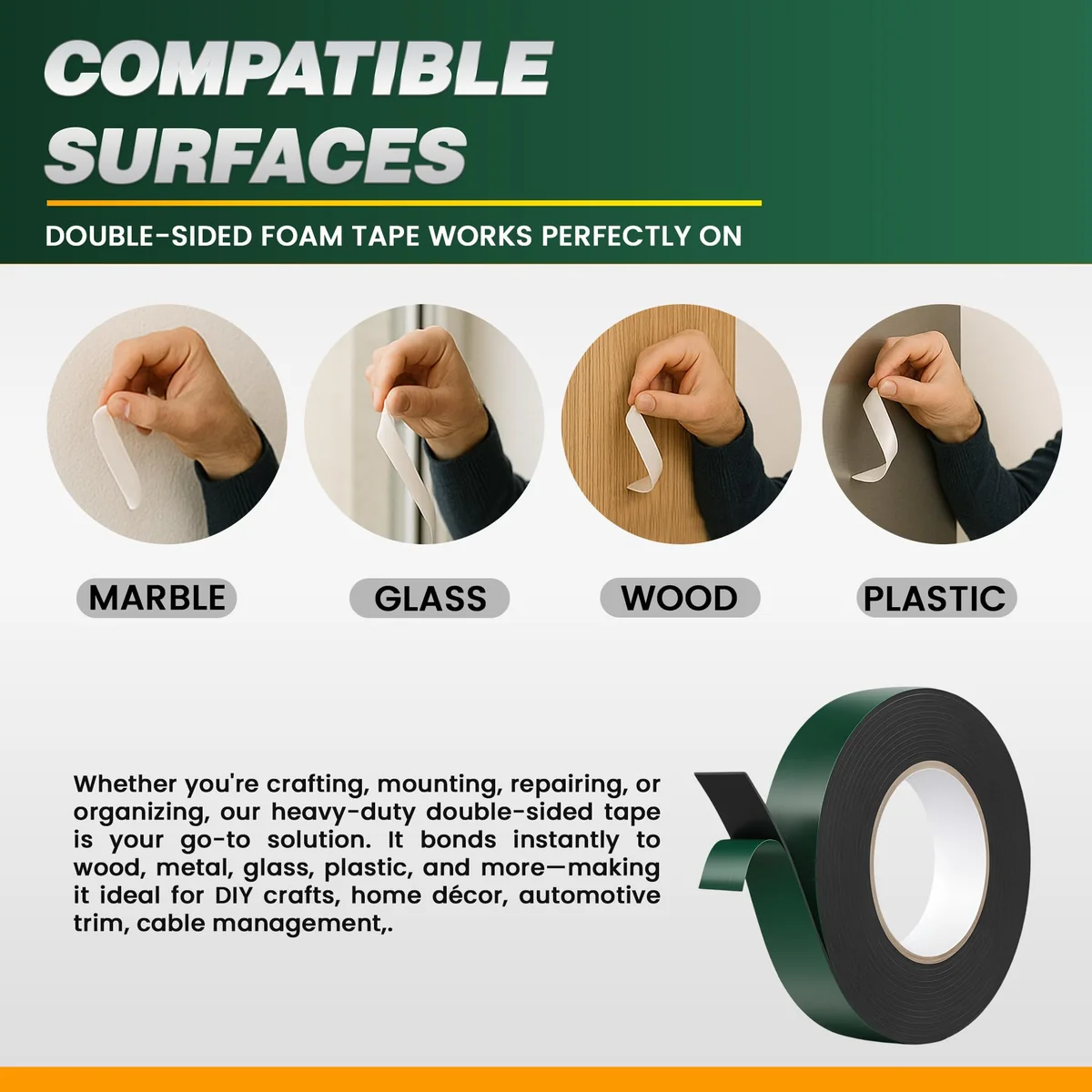 Roll of black foam double sided tape 2.4cm wide with green release liner partially peeled back on white background