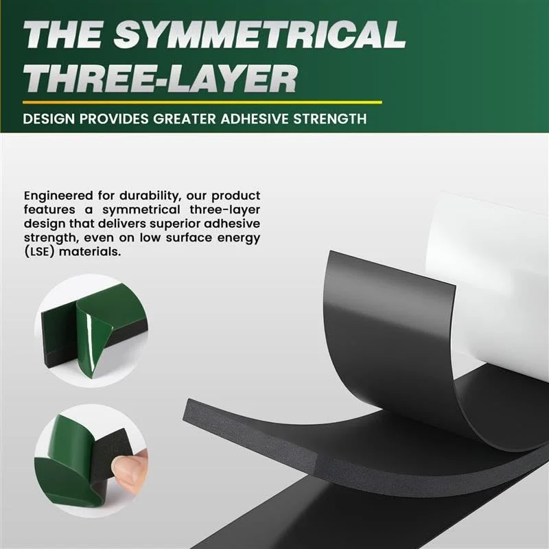 Roll of black foam double sided tape 2.4cm wide with green release liner, showing flexible IXPE foam core and adhesive sides