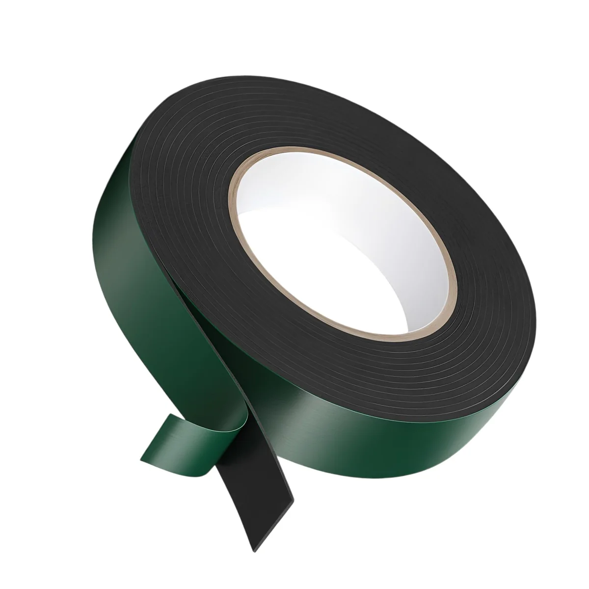 Roll of black foam double sided tape 2.4cm wide with green release liner partially peeled back on white background