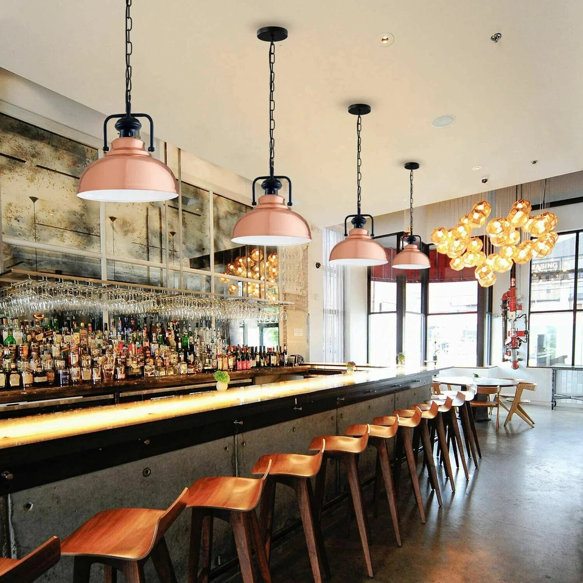 Green metal chain pendant light with vintage metal shade and 95cm cable for indoor ceiling installation