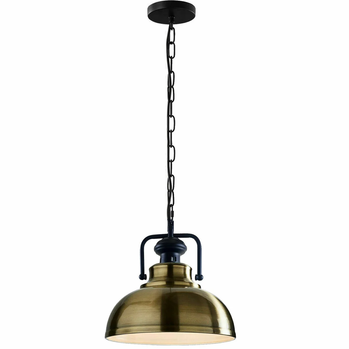 Vintage style metal shade ceiling light in green brass with 29cm wide pendant and 90cm chain hanging indoors