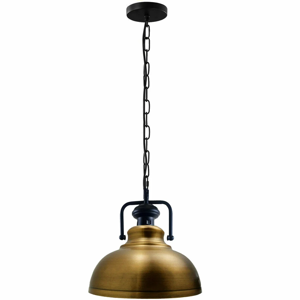 Green metal chain pendant light with vintage metal shade hanging indoors against a white background