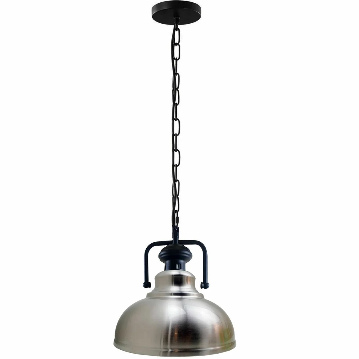 Green metal chain pendant light with vintage metal shade hanging indoors against white background