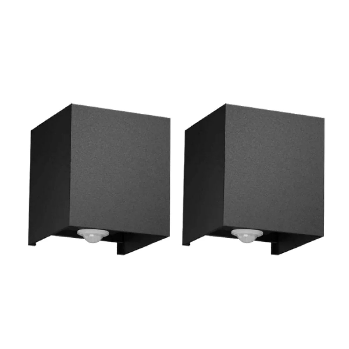 Two black square outdoor LED wall lights with motion sensors mounted on a white wall, emitting warm white light