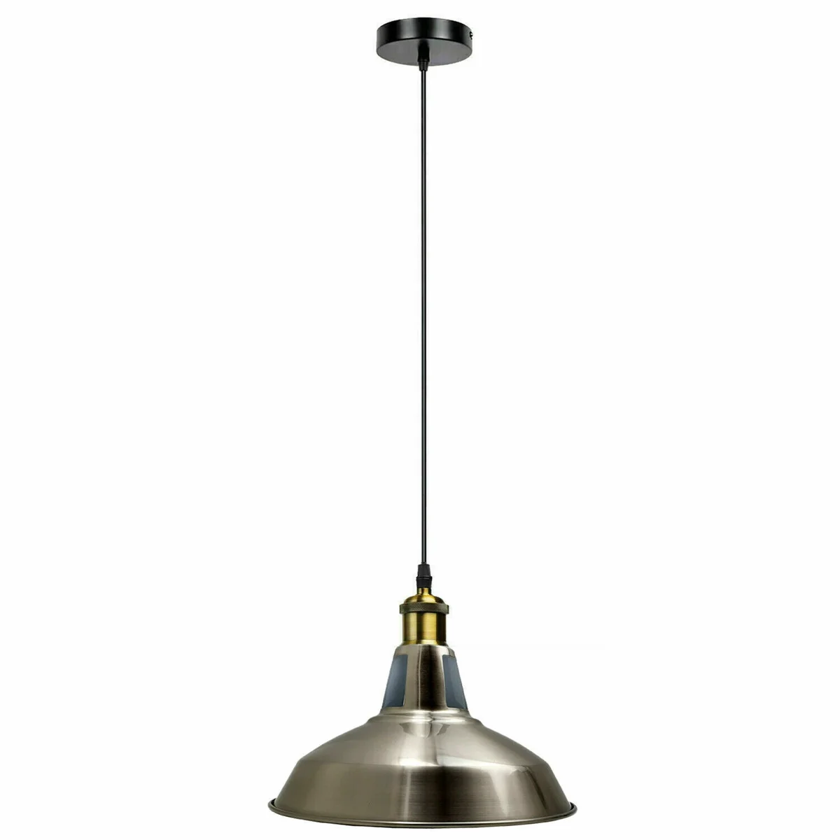 Black metal hanging light with brushed silver shade, 100cm adjustable cable, and ceiling mount plate visible