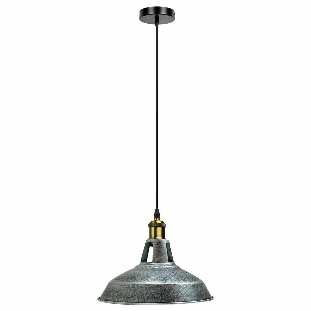 Black metal living room pendant light with brushed silver shade and adjustable 100cm cable hanging from ceiling