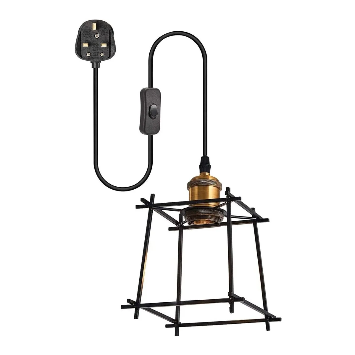 Matte black geometric cage long cord pendant light with antique brass socket and on/off switch hanging indoors