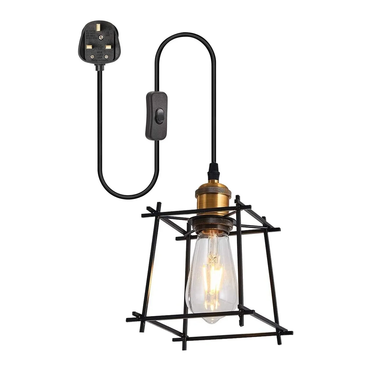Modern hanging lamp with matte black geometric cage, antique brass socket, and long 4m cord with on/off switch