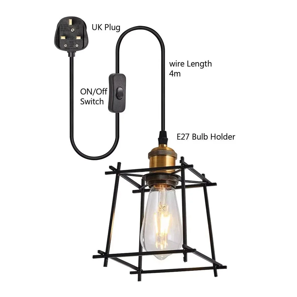 Matte black geometric cage bedside hanging lamp with antique brass socket and long plug-in cord on wall bracket