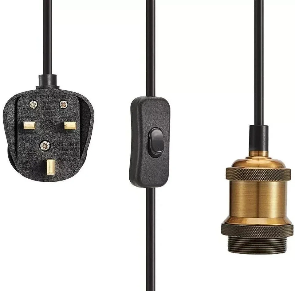 Matte black geometric cage plug in pendant light with antique brass socket and long 4m cord hanging in room corner