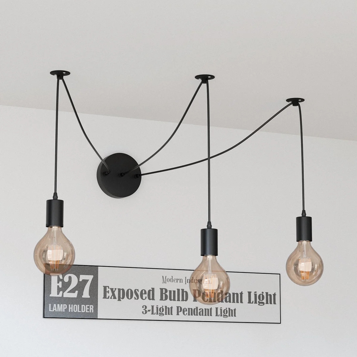 Three‑head spider pendant light made of metal with PVC cable, adjustable black round cord, ceiling‑mounted for interior décor.