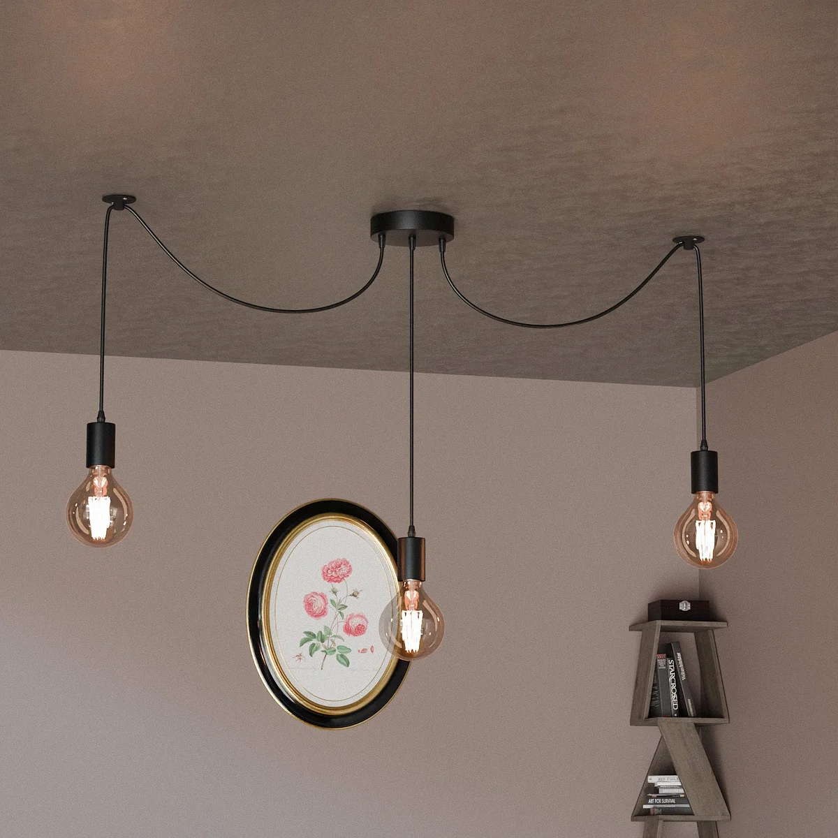 Industrial ceiling light with three metal spider arms, adjustable 1.5m PVC cable, glass globes, black round cord.