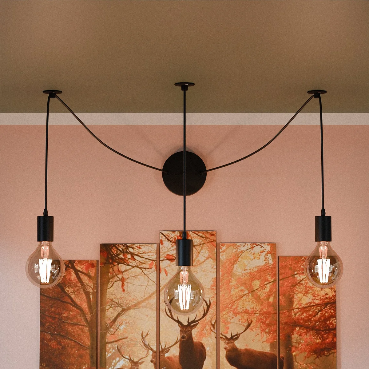 3‑head spider pendant made of metal and PVC, black cable, adjustable, E27 compatible pendant, ready for indoor use.