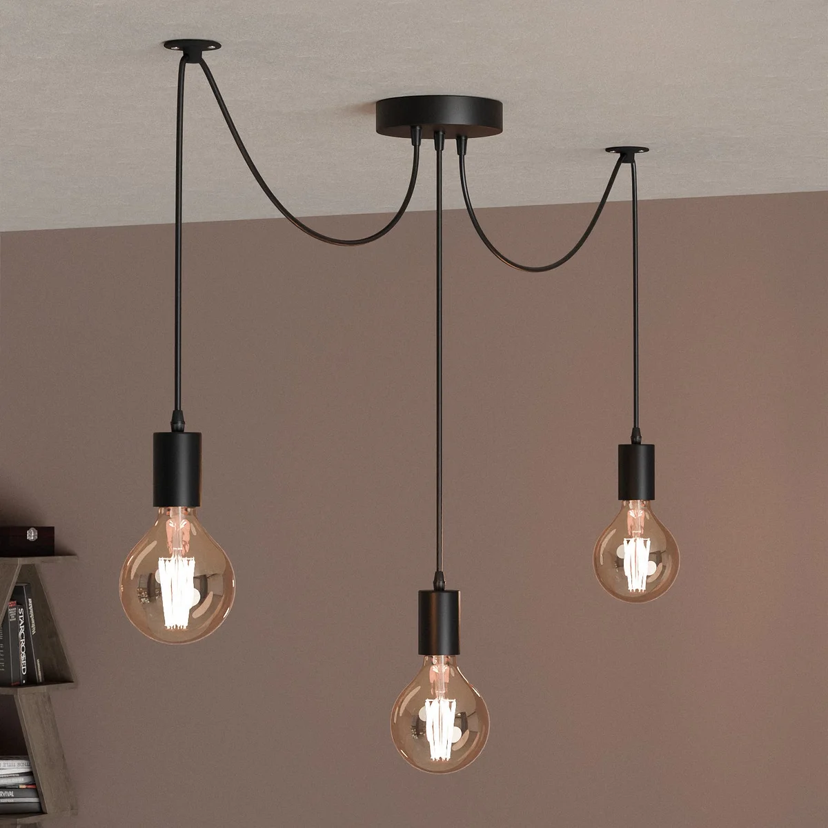 3‑head vintage metal spider pendant light with black PVC cable, adjustable, hanging from ceiling