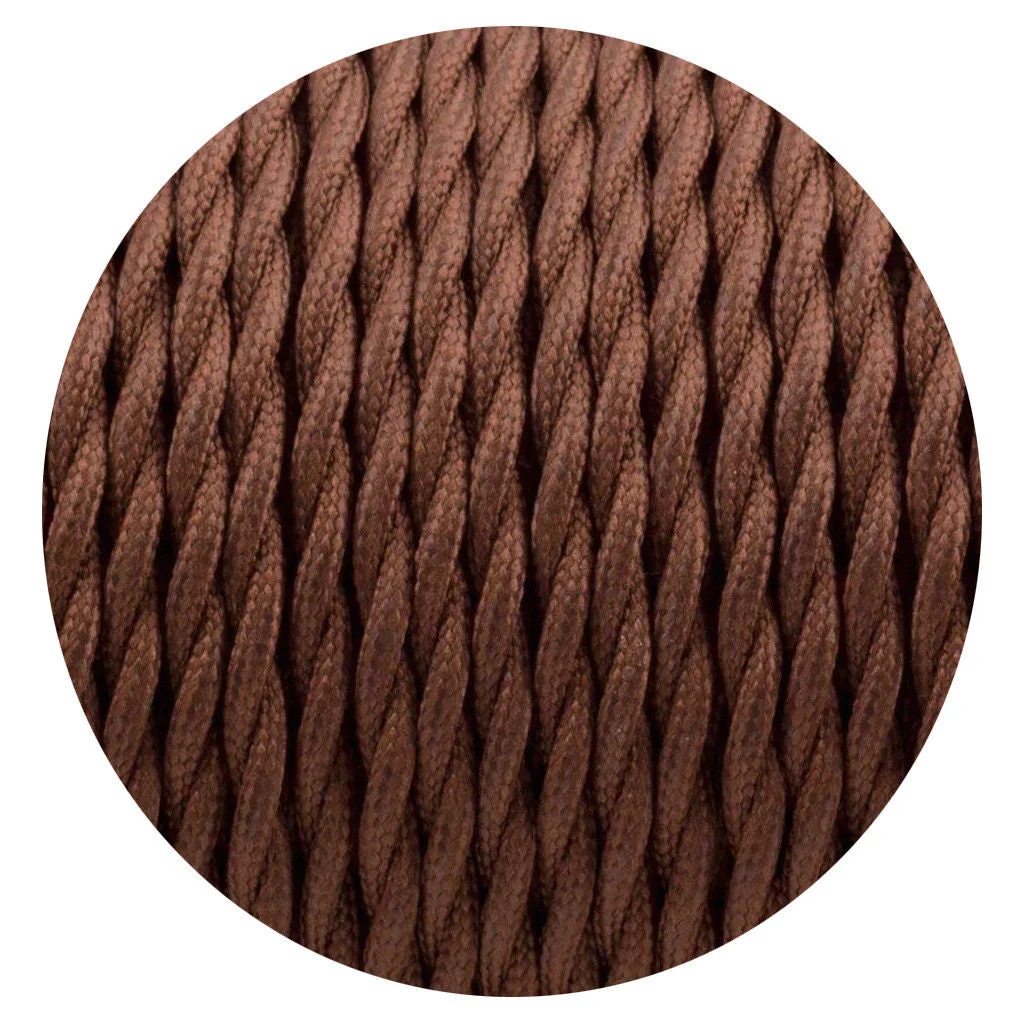 Coiled vintage fabric flex cable with twisted 3-core braided fabric in brown, suitable for industrial lighting fixtures