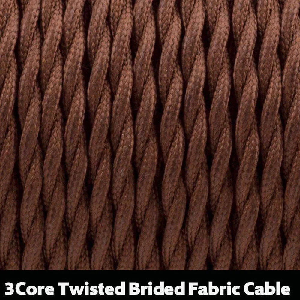 Coiled vintage twisted fabric cable with three cores, braided brown cloth exterior for industrial lighting installations