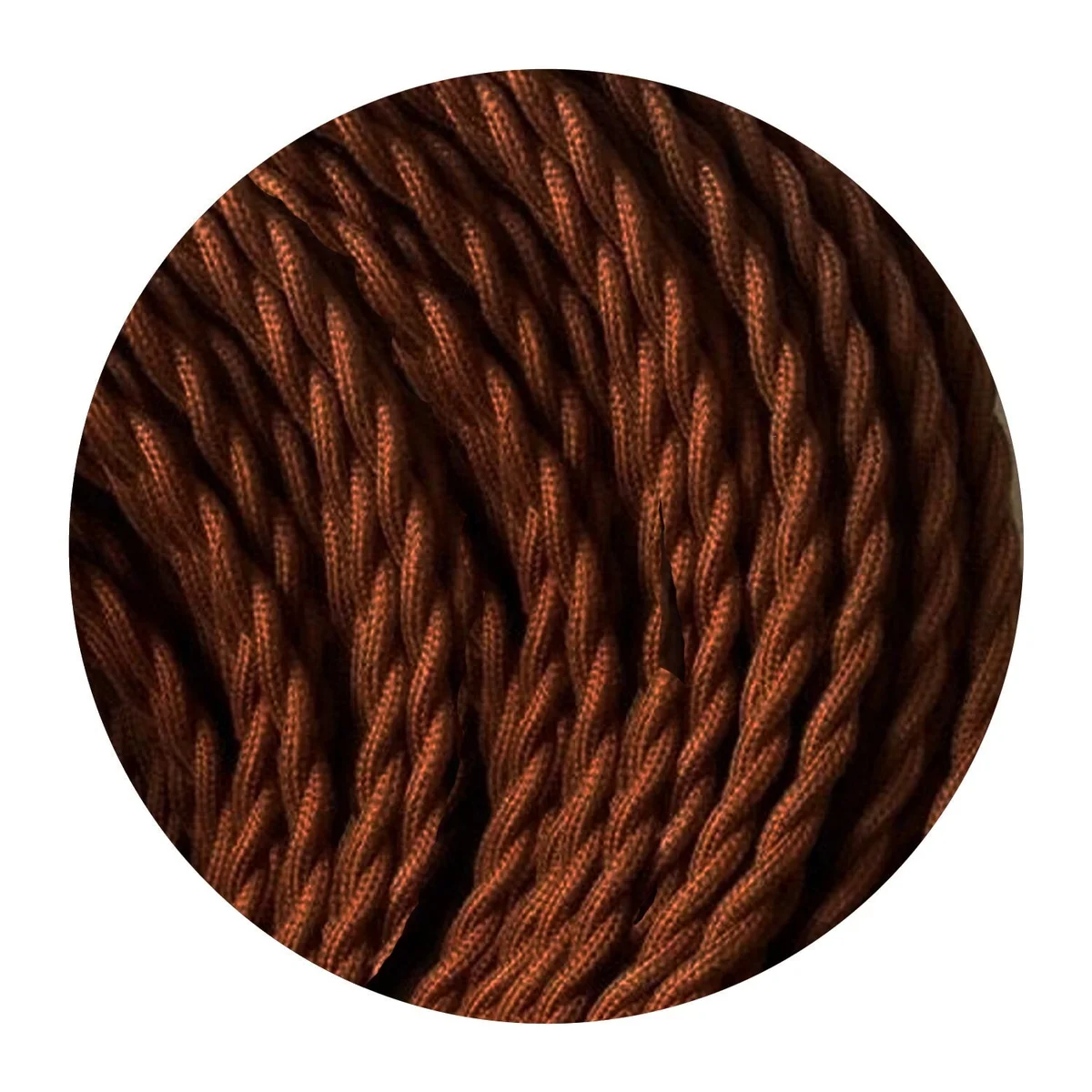 Close-up of vintage twisted fabric 3 core lighting wire with braided cloth exterior and copper conductors visible