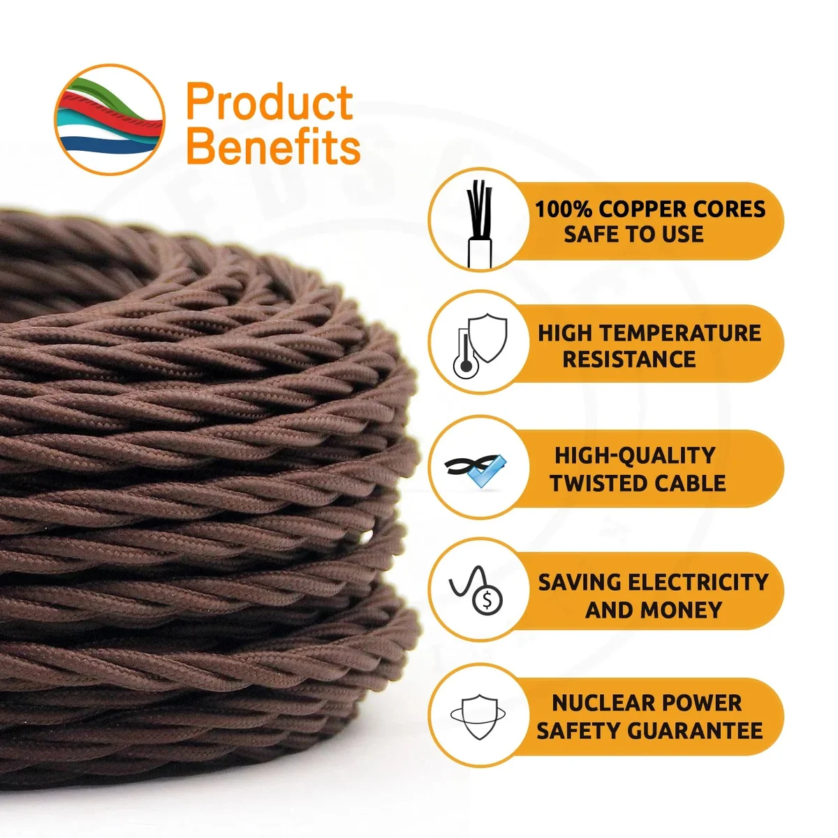 Coiled vintage industrial style cable with twisted 3-core braided fabric in brown and cream tones on white background
