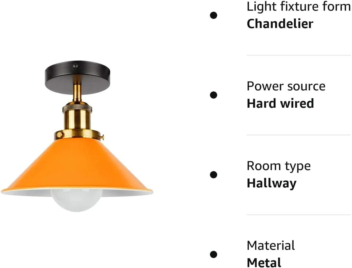 Green metal cone flush mount ceiling light with yellow brass holder, ideal industrial home lighting for small spaces