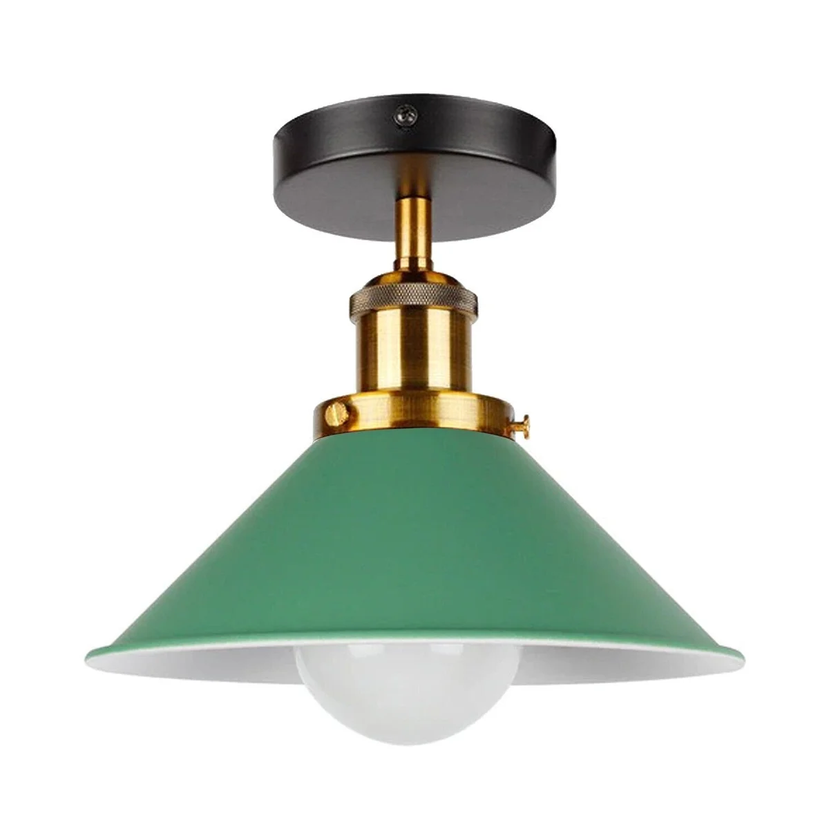 Compact ceiling light with green metal cone shade, yellow brass holder, and black ceiling rose for vintage indoor decor