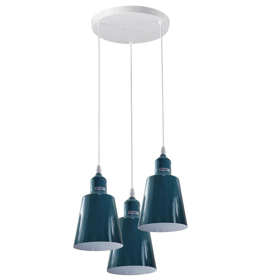 Industrial pendant light with three adjustable vintage metal shades and E27 lamp holders hanging from ceiling mount