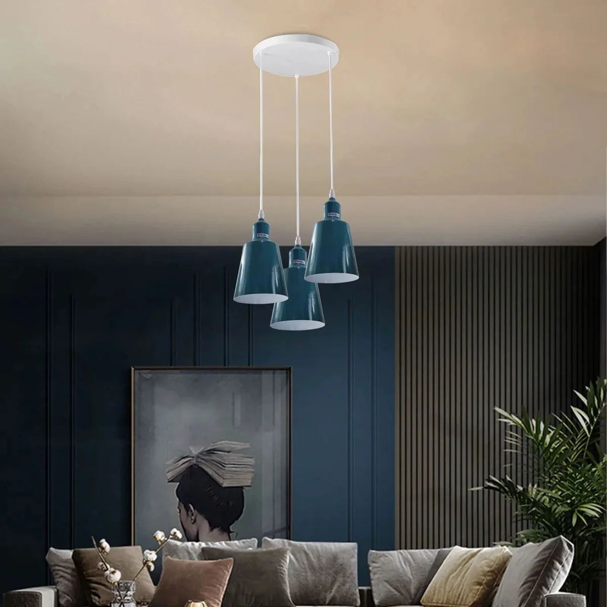 Industrial retro ceiling lamp with three adjustable E27 light holders and metal shades hanging from 95cm cables