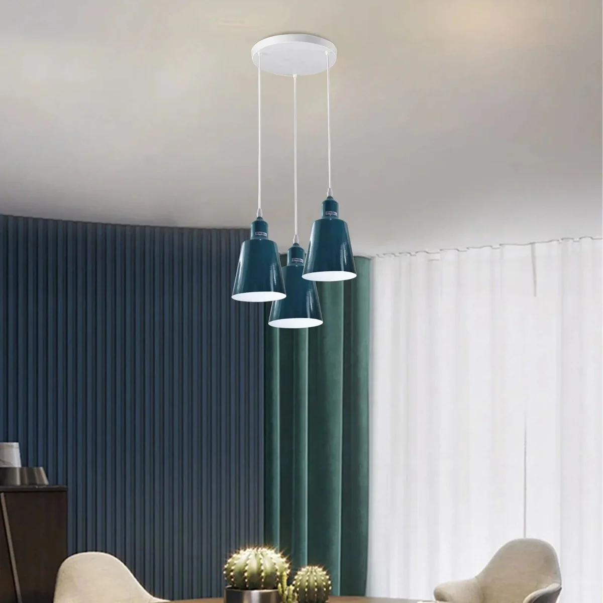 Industrial vintage style dimmable pendant light with three adjustable E27 lamp holders and metal shades hanging from ceiling