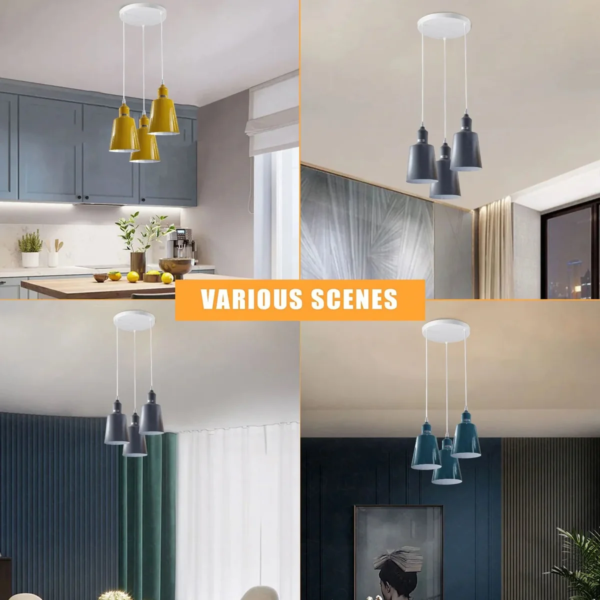 Three adjustable metal lamp holders with black shades on a vintage ceiling pendant light with 95cm cables hanging from ceiling base