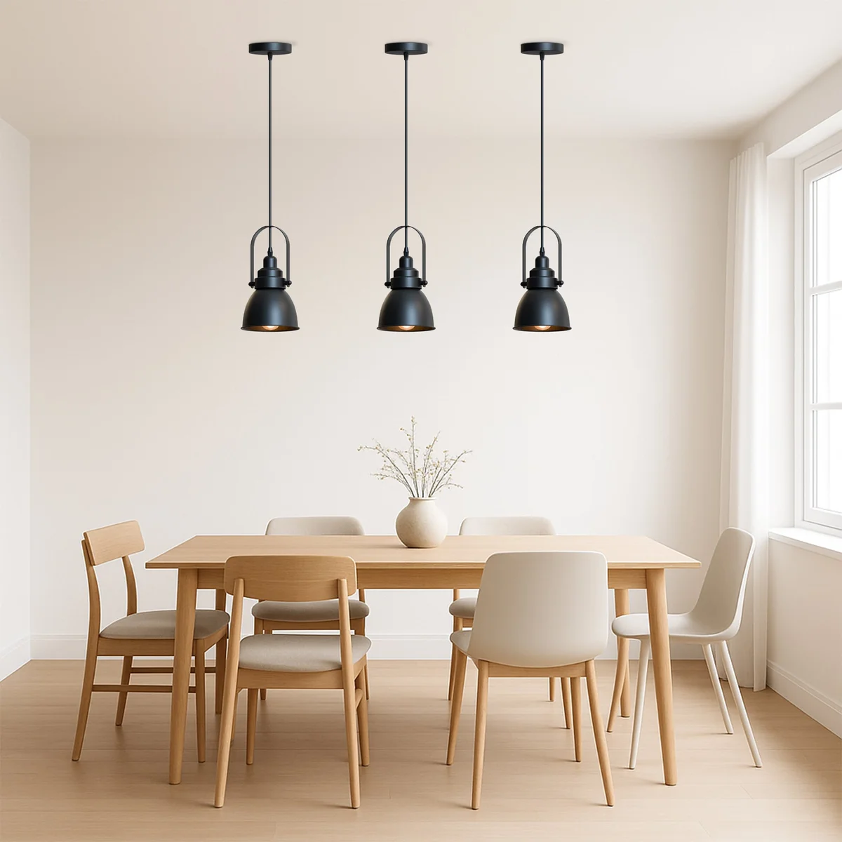 Black metal single head adjustable pendant light with sleek metal lampshade, ceiling mounted for modern indoor spaces