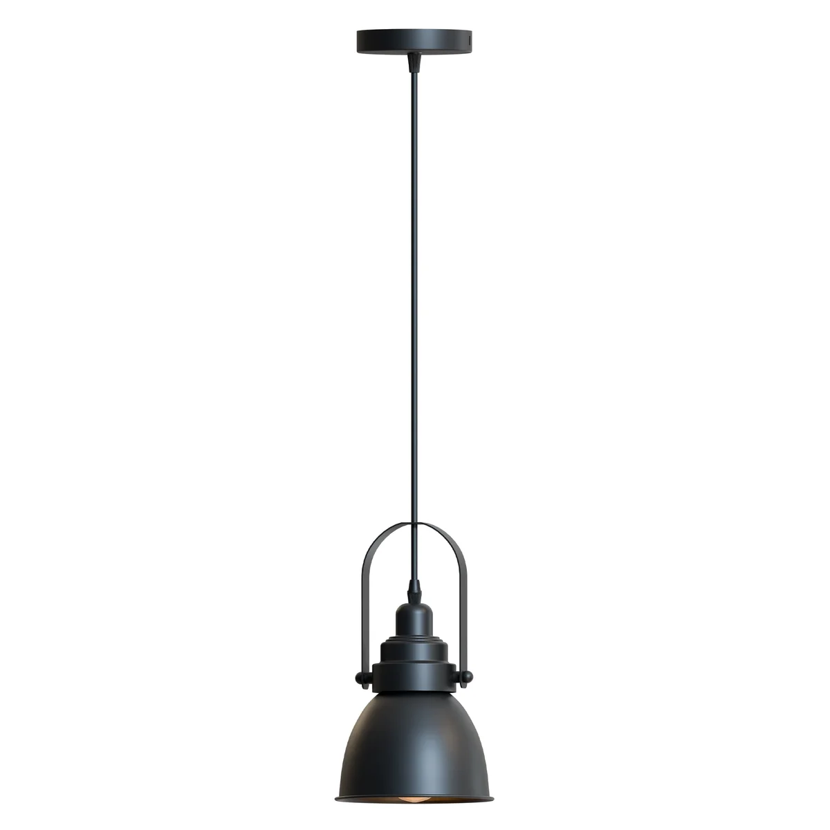 Black metal pendant light with single adjustable head and metal lampshade, modern ceiling-mounted design