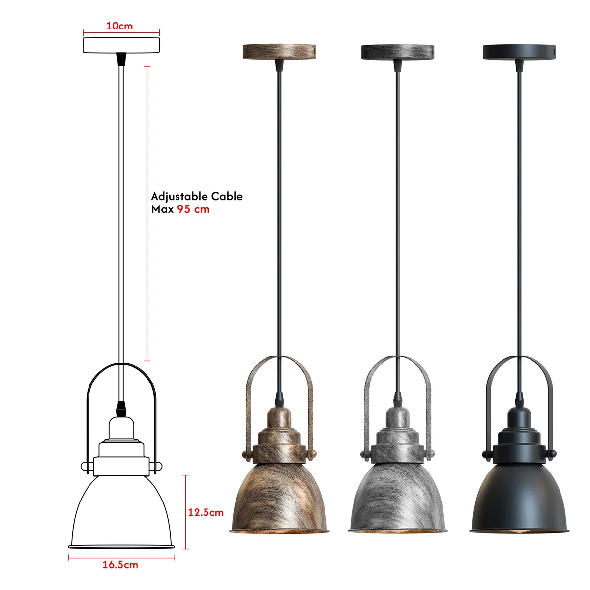Black metal single head adjustable ceiling mounted light with modern metal lampshade and E27 bulb base visible from side angle