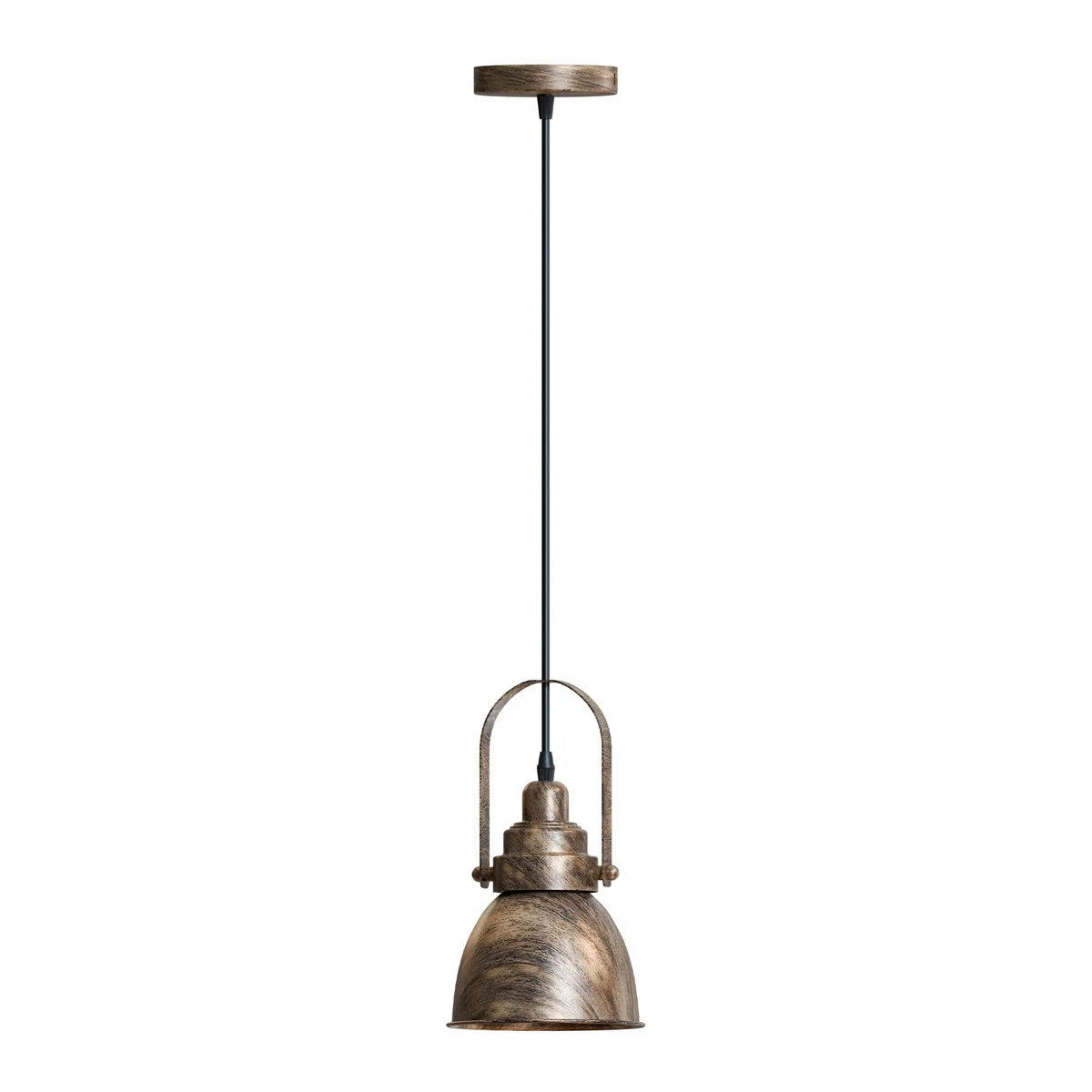Black metal single head adjustable pendant light with metal shade, showing E27 bulb pendant hanging from ceiling mount