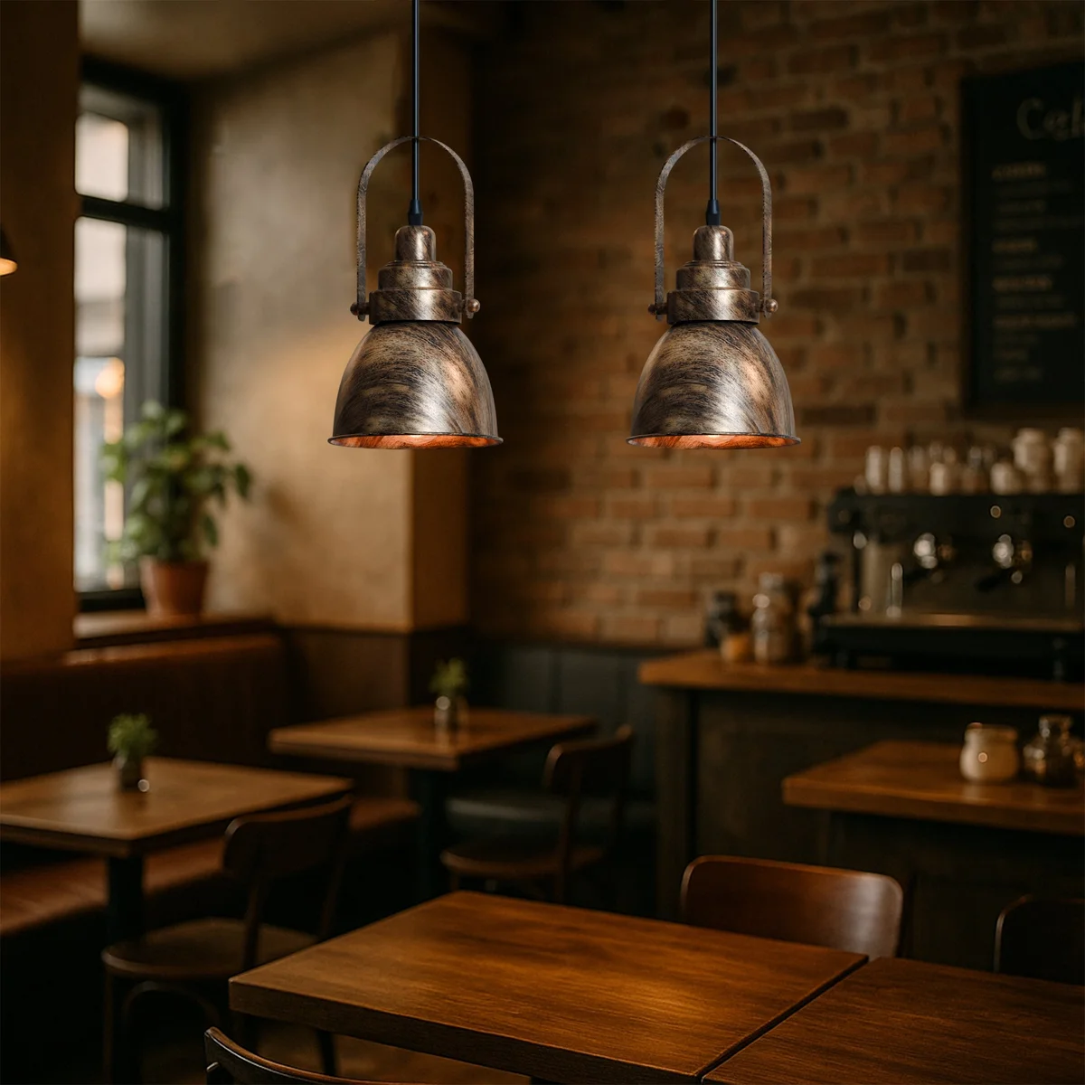 Black metal adjustable pendant light with single head and metal lampshade hanging from ceiling mount