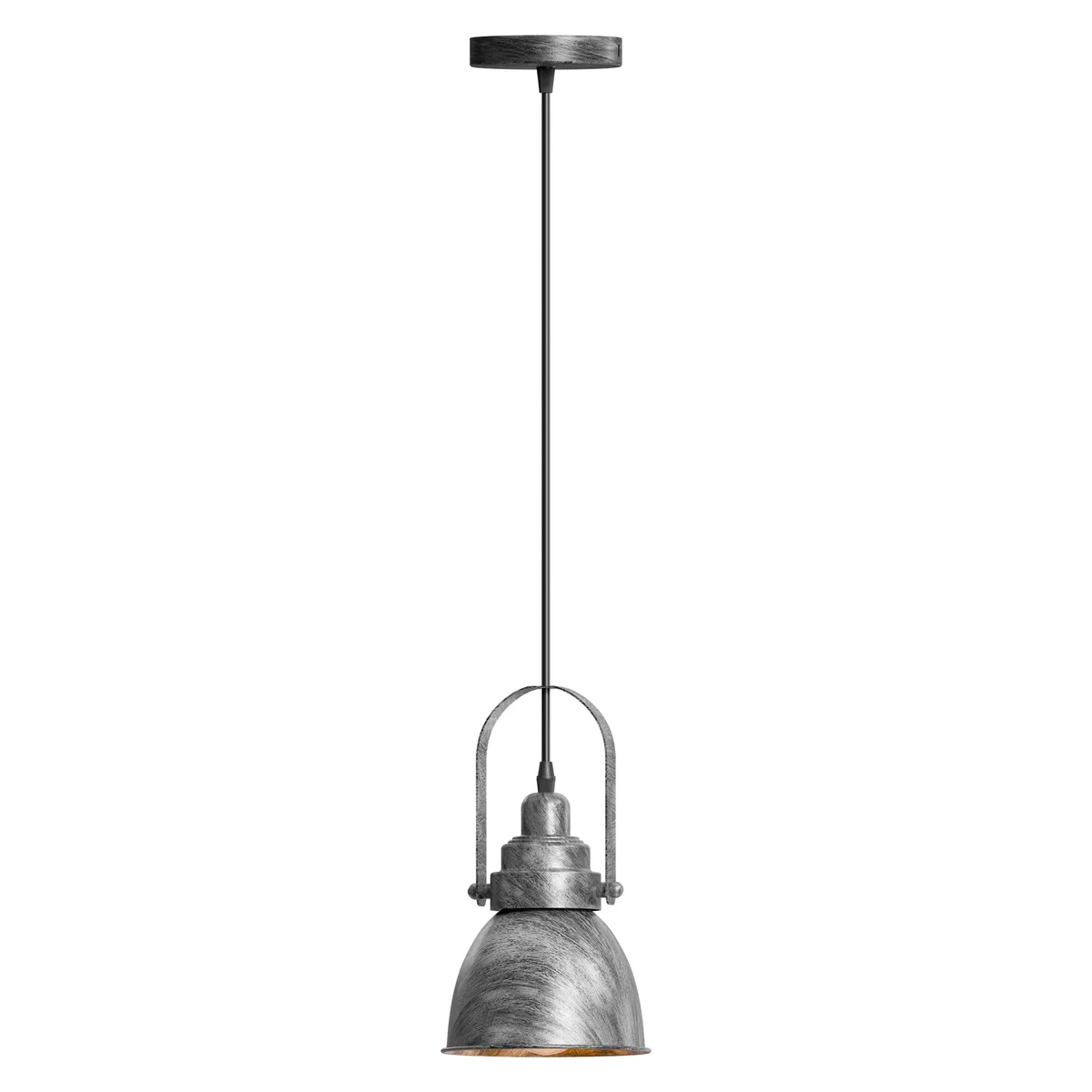 Black metal adjustable pendant light with single head and metal lampshade hanging from ceiling mount