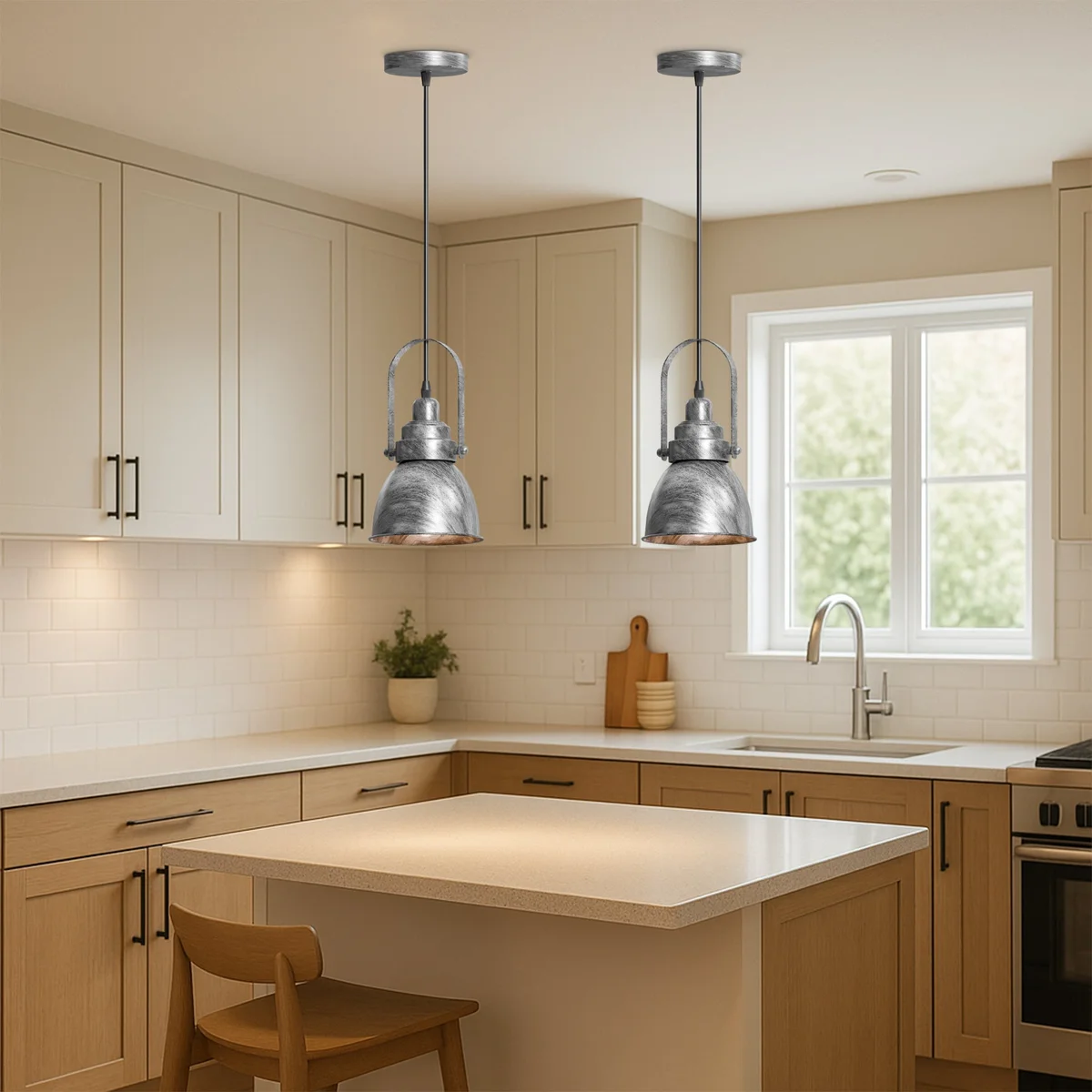 Black metal adjustable pendant light with single lampshade hanging from ceiling in modern interior setting