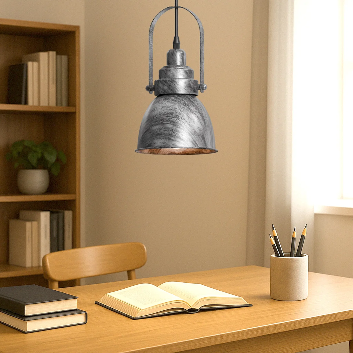 Black metal adjustable pendant light with single head and metal lampshade hanging from ceiling mount