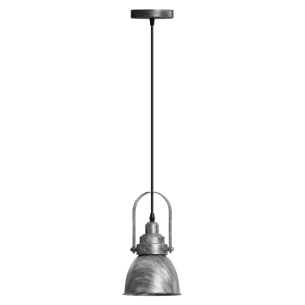 Black metal adjustable pendant light with single head and metal lampshade hanging from ceiling mount