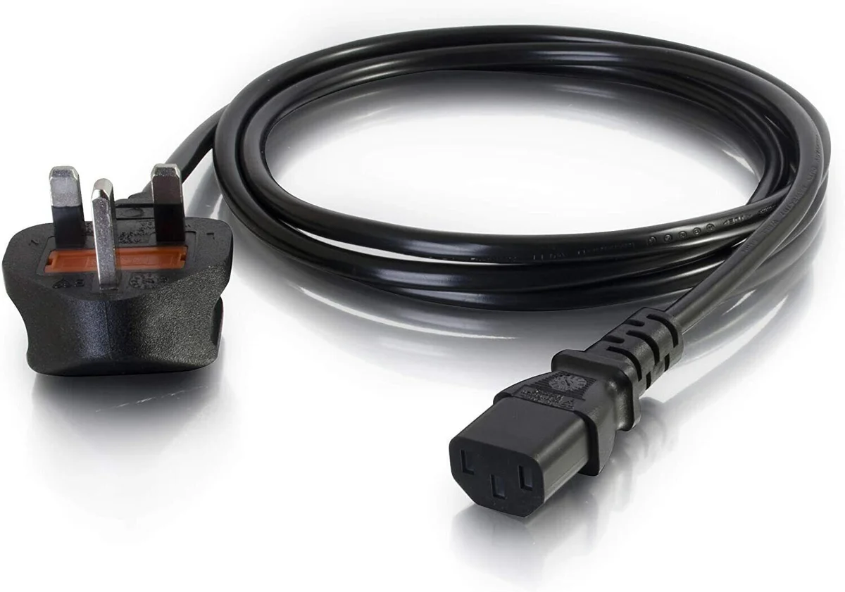 1m IEC kettle lead with UK 13A plug and IEC kettle connector for powering PCs, printers, and TVs, black cable