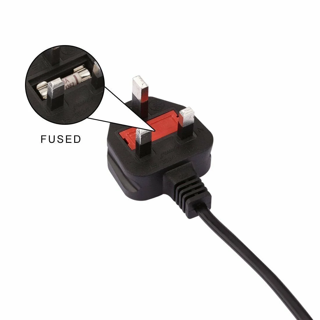 1m UK mains power cable with standard UK plug and IEC kettle lead connector for PCs and TVs on white background