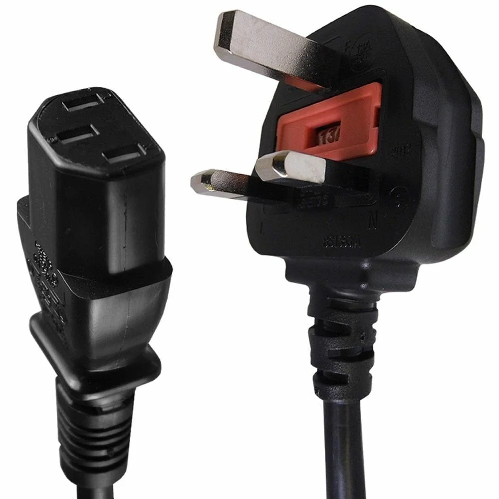 1m IEC kettle plug cable with UK 13A moulded plug and IEC 5A plug for powering PCs and TVs on white background