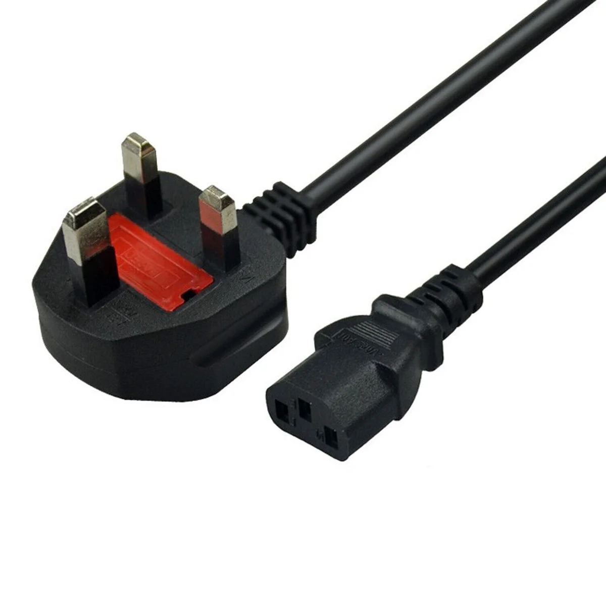1m IEC kettle lead PC power cable UK with standard 13A UK plug and 5A IEC connector on white background