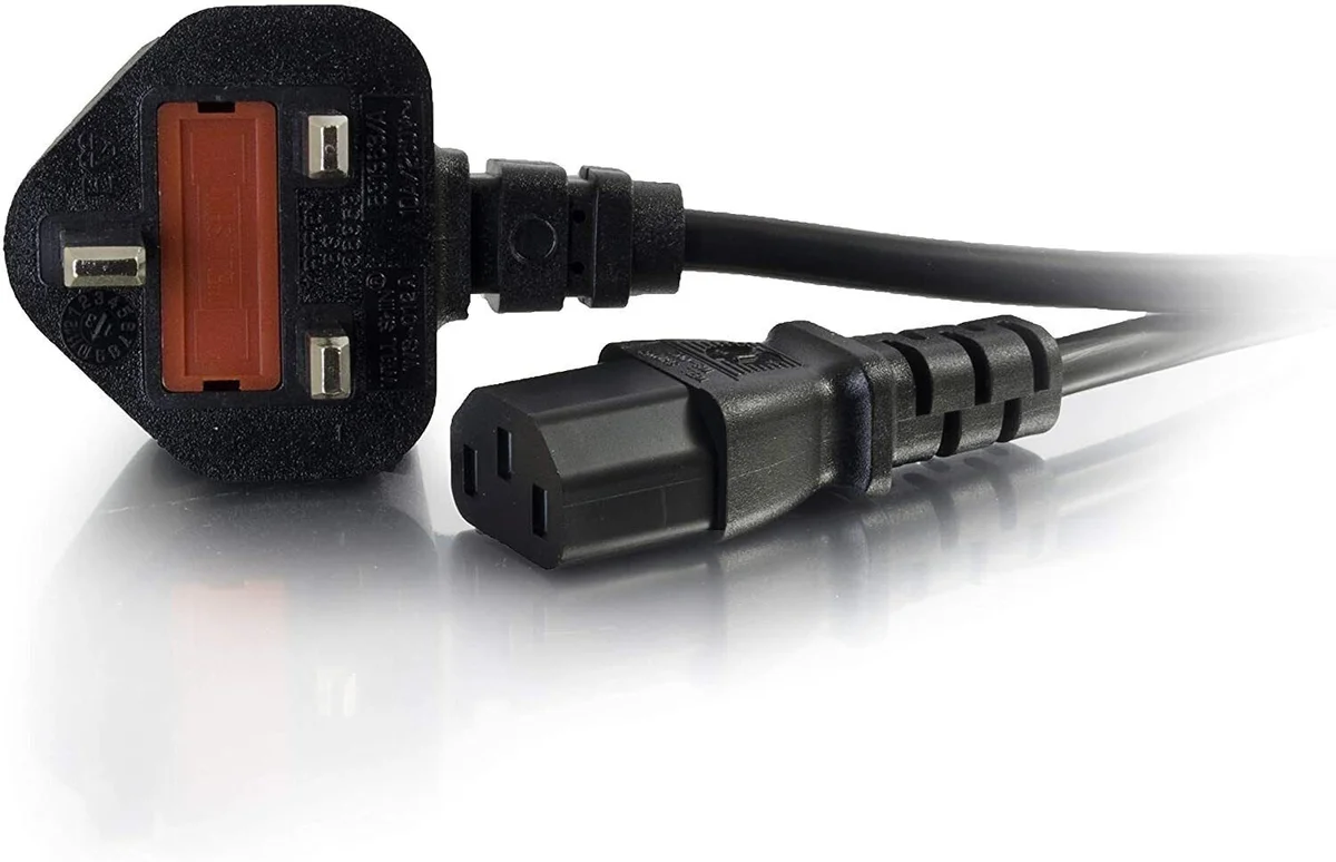 IEC power lead 1m with standard UK plug and IEC kettle connector, black cable for PCs and TVs, 13A UK plug.