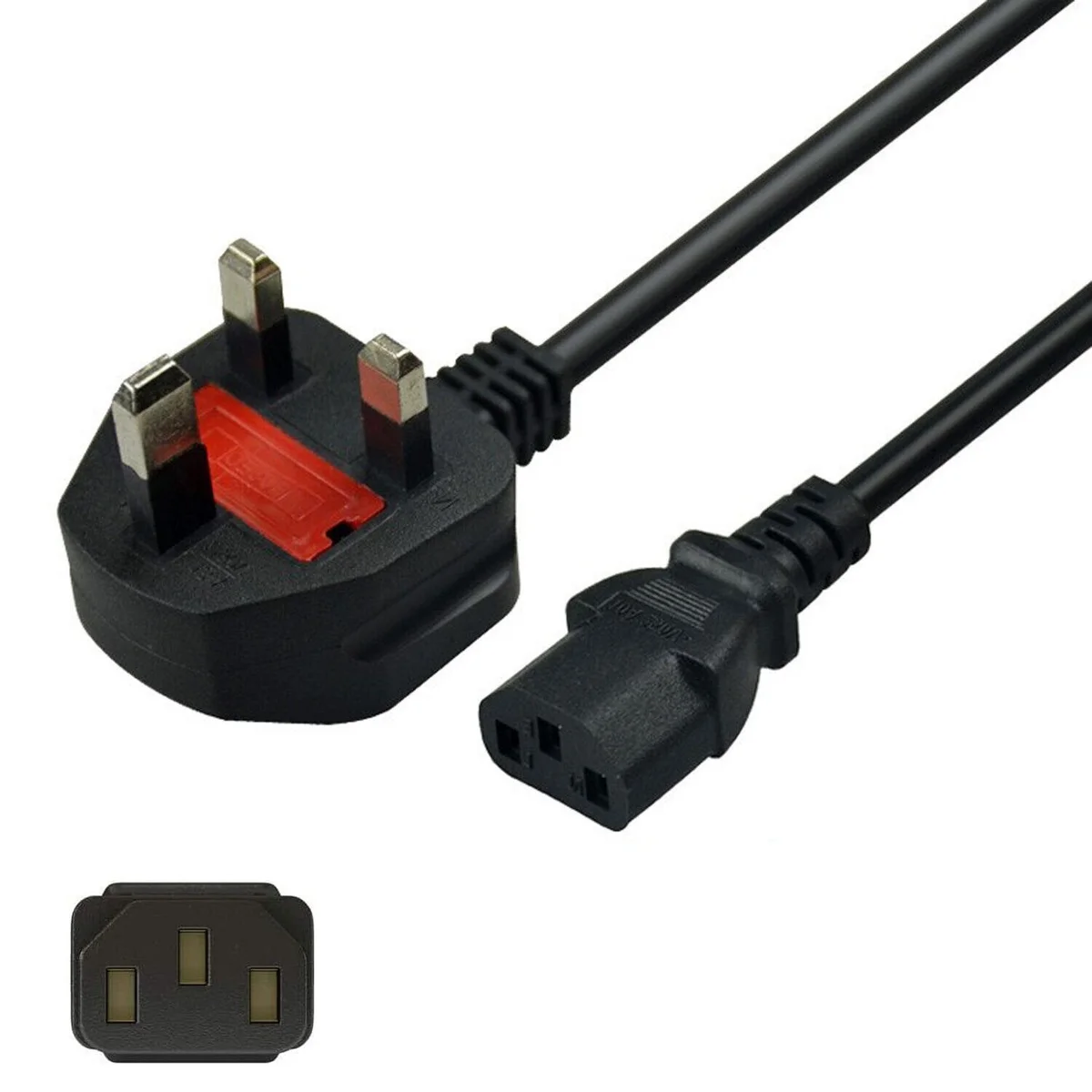 1m IEC kettle lead with UK 13A plug and IEC kettle-style connector for powering PCs and TVs on white background