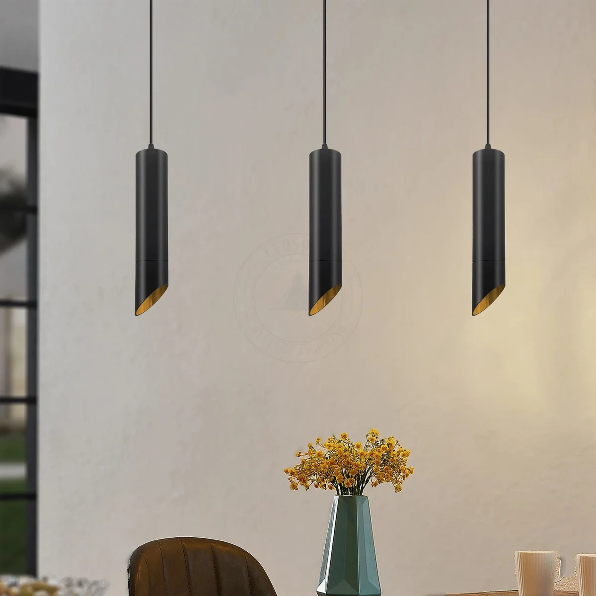 Modern black and gold cylinder modern pendant light with LED, suitable for kitchen or dining room lighting