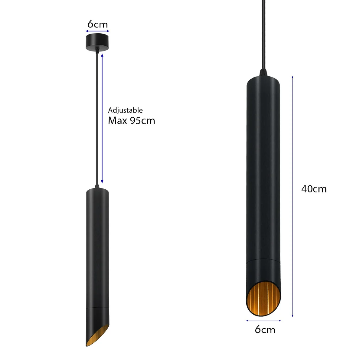 Modern black and gold pendant light with cylindrical aluminum design and warm LED illumination, 400mm size.