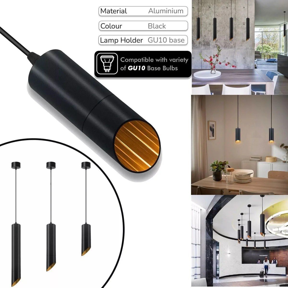 Modern black and gold cylindrical LED ceiling light pendant with warm light, 400mm aluminum design for indoor use