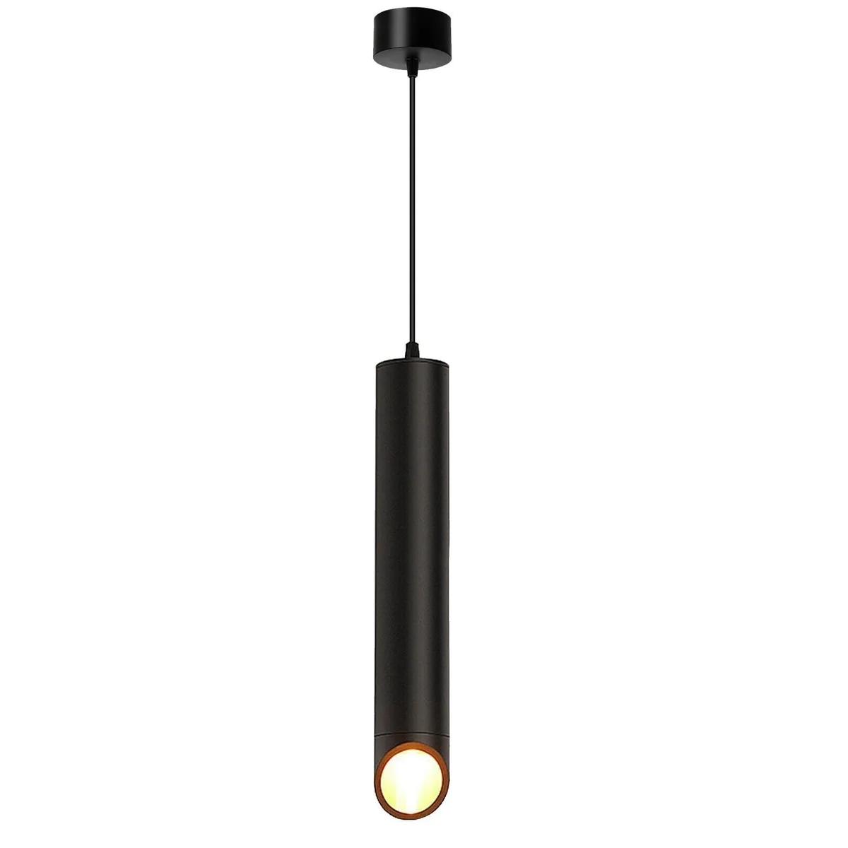Modern black and gold cylinder pendant light with LED, aluminum body, 400mm length, warm light for indoor use