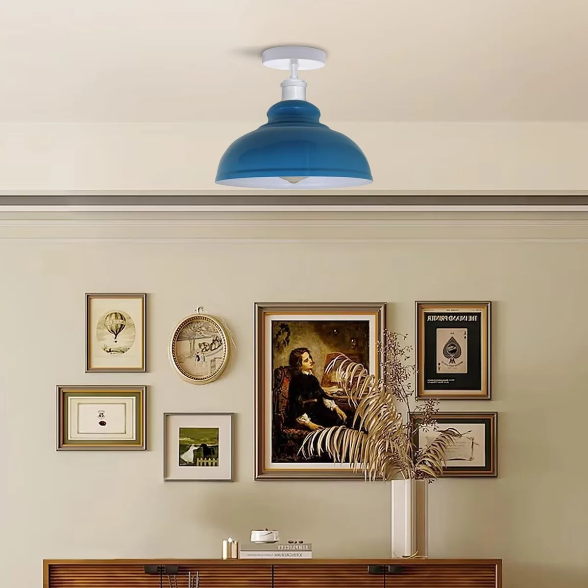 Industrial ceiling light with curvy dome metal shade in chrome finish, flush mount design for indoor use