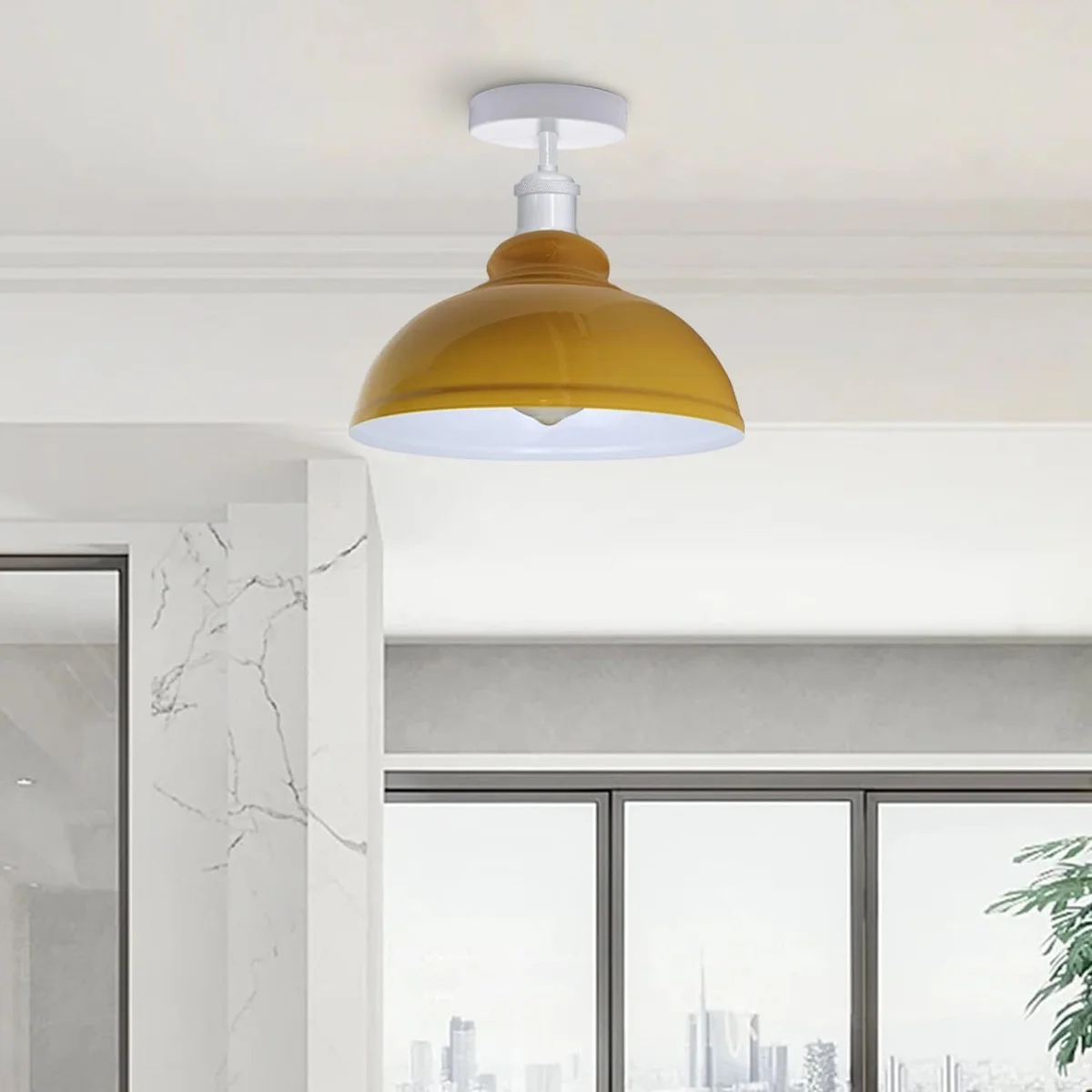 Industrial style flush mount ceiling light with curvy dome metal shade in chrome finish for indoor use